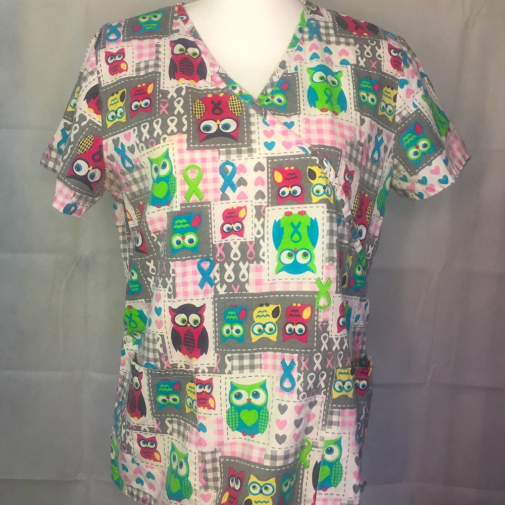 Breast Cancer Awareness Owl Scrub Top w/ pockets